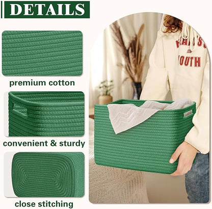 Storage Baskets for Organizing, 4 Pack Baskets for Shelves, Decorative Storage Bins for Shelves, Cotton Rope Storage Basket with Handles, Woven Basket for Storage, 13''Lx8.7''Wx7.9''H, Green