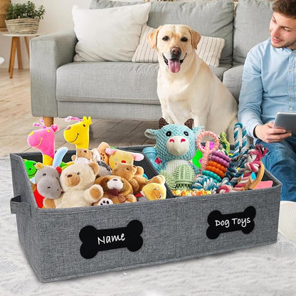 Large Dog Toy Basket,Dog Toy Box for Living Room Area,Collapsible Dog Toy Bin with Divider,Trapezoid Dog Toy Storage-with DIY Tag,Dog Organizer ideal for Pet Toys Blankets Leashes Snack