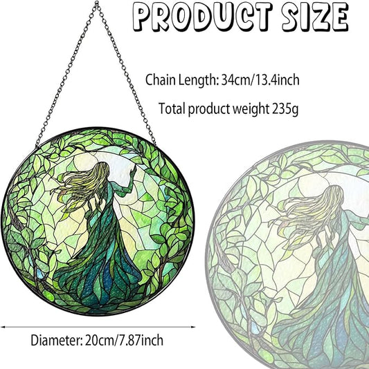 Green Witch Suncatcher Plant Witch Stained Glass Window Hanging Plant Lover Gifts for Women Wall Decor Handmade Sun Catcher Decoration for Garden Home Housewarming Gifts