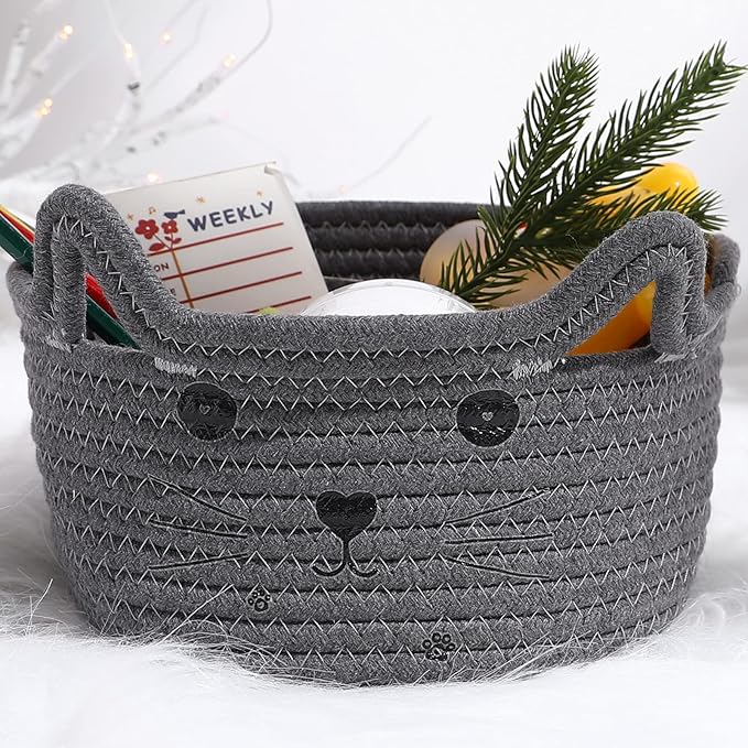 Zopeal Cat Basket Storage Woven Organizer with Ears Easter Decorative Pet Toy Cute Cotton Rope Basket for Gift Cat Dog Toy Bin Nursery Room(8.3 x 4.7 Inch,Gray)