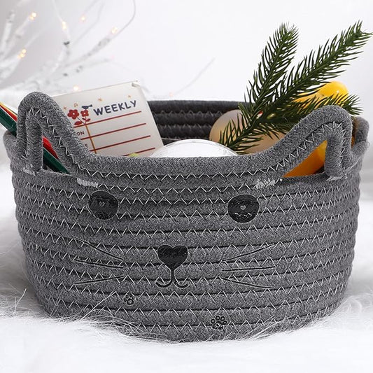 Zopeal Cat Basket Storage Woven Organizer with Ears Easter Decorative Pet Toy Cute Cotton Rope Basket for Gift Cat Dog Toy Bin Nursery Room(8.3 x 4.7 Inch,Gray)