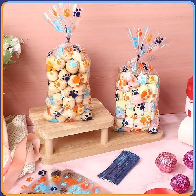 Blulu 100 Pieces Dog Treat Bags Puppy Party Favor Pet Paw Cone Cellophane Bags Candy Heat Sealable Dog Paw Gift with 100 Pieces Silver Twist Ties for Pet Cat Treat Party Favor (Blue and Orange)