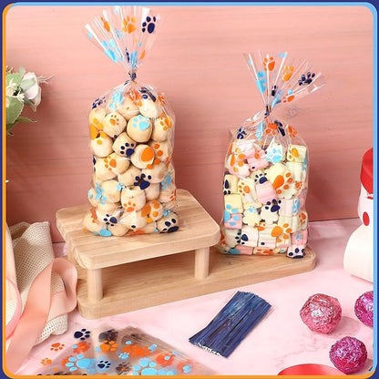 Blulu 100 Pieces Dog Treat Bags Puppy Party Favor Pet Paw Cone Cellophane Bags Candy Heat Sealable Dog Paw Gift with 100 Pieces Silver Twist Ties for Pet Cat Treat Party Favor (Blue and Orange)
