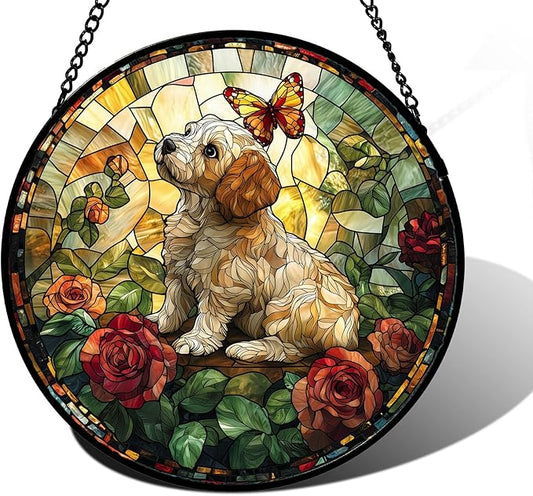 Stained Glass Window Hanging, Cute Dog and Flowers Suncatcher for Doors Home Butterfly Sun Catchers Decoration and Christmas, Mother's Day Birthday Gifts for Women, Men, and Mom 7.8 in