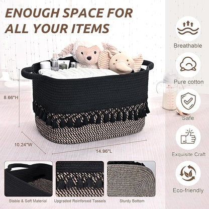 2 Pack Storage Basket for Shelves, Boho Cotton Rope Storage Bins with Heavy Tassel, Shelf Baskets Large Woven Baskets for Organizing, Cube Organizer Bins, Baby Laundry Basket for Clothes, Toys, Pets