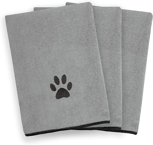 Ritz Premium Embroidered Microfiber Pet Towel (3-Pack), 18" x 28", Highly Absorbent, Fast-Drying, Long-Lasting, Super Soft 80% Polyester and 20% Polyamide Pet Cloth, Grey