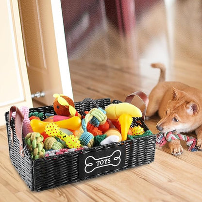 Pet Dog Toy Basket with handle,Trapezoid Puppy Toy Bin,collapsible Poly Wicker Storage Basket,Dog Storage Organizer for Leash Blanket Collar-Natural Farmhouse-Easy Access