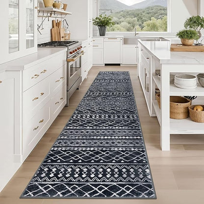 KUTA Hallway Runner Rug 2.6x12 Non-Slip Washable, Moroccan Vintage Black Boho Long Kitchen Rug Ultra Soft Distressed Geometric Floor Carpet Runners for Bedroom Laundry Stairway Entryway