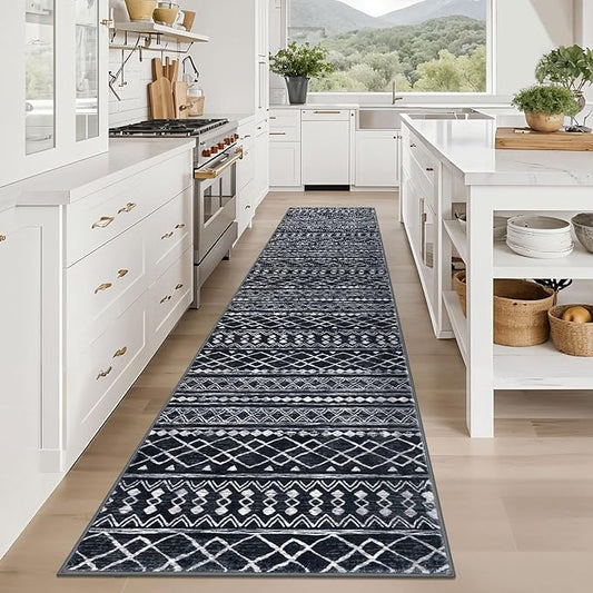 KUTA Hallway Runner Rug 2.6x12 Non-Slip Washable, Moroccan Vintage Black Boho Long Kitchen Rug Ultra Soft Distressed Geometric Floor Carpet Runners for Bedroom Laundry Stairway Entryway