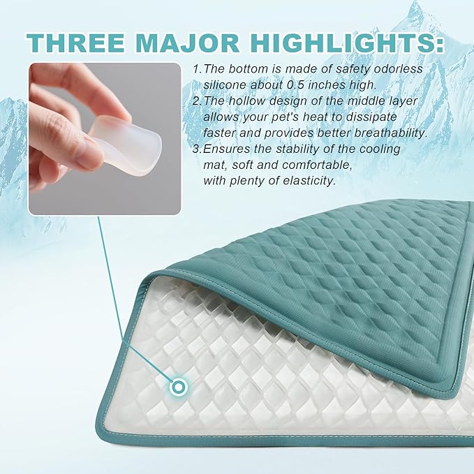 Large Dog Cooling Mat 45x23 in,Ice Breathable Fabric, Solid Silicone Honeycomb Heat Dissipation Structure, Long-Lasting Coolness Cooling Mat for Dogs(Q-Max>0.5) Washable& Non-Toxic