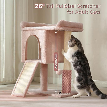Pink Cat Tree Tower for Large Cats with Large Top Bed 20x13.8”Private Cat Condo,Sisal Scratching Post and Ramp and Self Groomer and Spring Ball-Pink