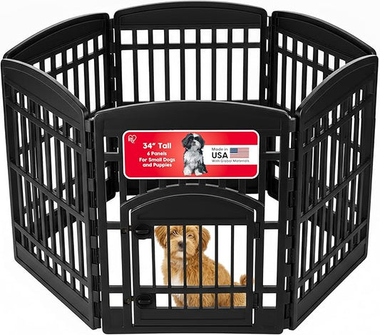 IRIS USA Dog Playpen 34" 6-Panel Dog Playpen with Door, 44 x 63 x 34, Puppy Fence, Puppy Playpen, Dog Play Pen Indoors, Pet Fence, Puppies/Small Dogs, Black