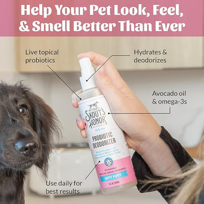 SKOUT'S HONOR Probiotic Deodorizer Spray for Pets- Hydrating Daily-Use with Avocado Oil & Omega-3s, Microbiome Friendly Certiified, Paraben & Sulfate-Free, 97% Natural, 8oz, Happy Puppy