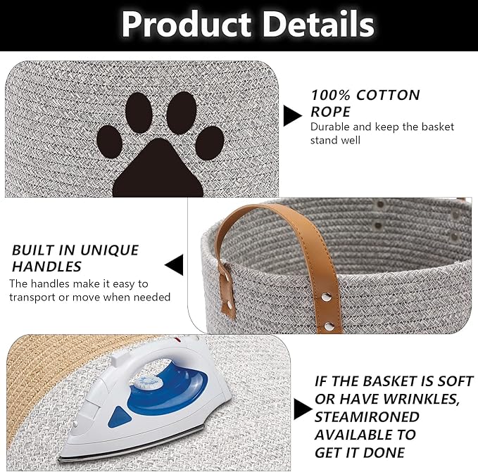 Cotton dog toy basket storage, puppy toy basket, puppy bins, laundry basket blanket storage bin - Perfect for organizing pet toys, blankets, leashes, pee mats and diapers - Graykhaki