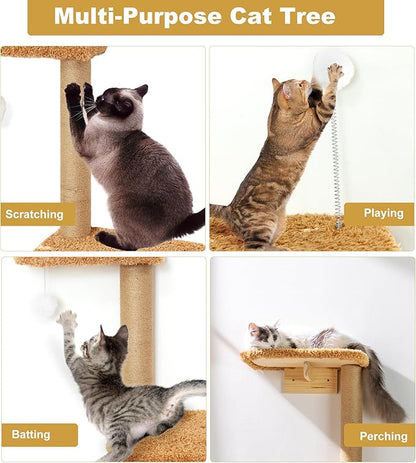 Brown Wall Mounted Cat Wall Climber & Tree for Kittens, 4 Platform Cat Shelves with Brown Plush Cushions, Floating Furniture for Climbing, Lounging, Scratching – 49” Tall