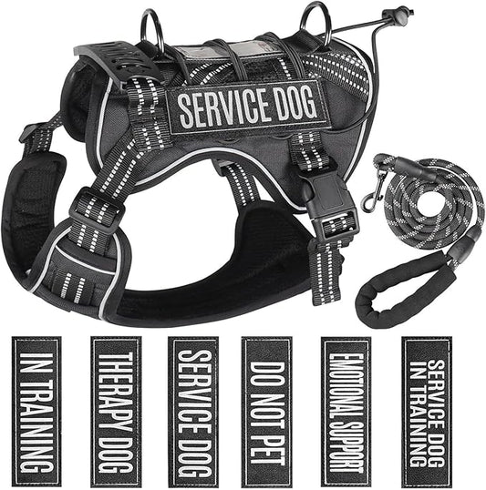 Service Dog Tactical Vest Harness and Leash Set Medium Sized Dog Emotional Support- Tactical Dog Harness Training Collar with Name (Black, M)