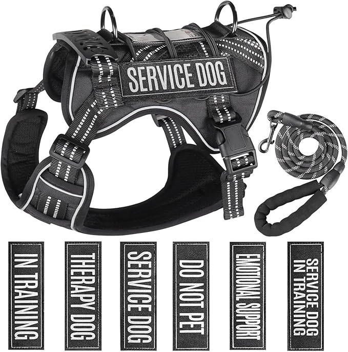 Service Dog Tactical Vest Harness and Leash Set Medium Sized Dog Emotional Support- Tactical Dog Harness Training Collar with Name (Black, L)