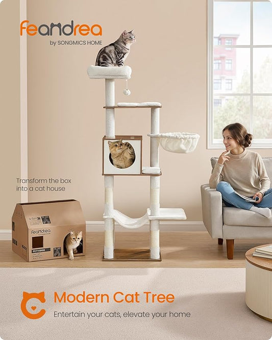 Feandrea Cat Tree, 65-Inch Tall Cat Tower, Multi-Level Condo with Cave, Basket, Hammock, Pompom, Scratching Posts, Honey Brown UPCT118K03