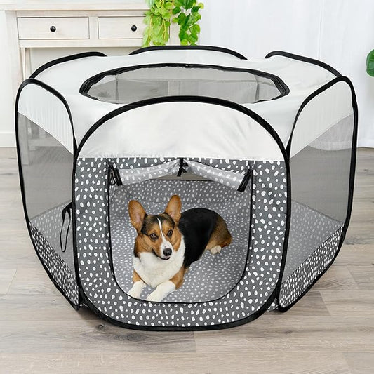 Furhaven Portable Dog Playpen Cat Tent, Pet Playground,Kennel Foldable Indoor Outdoor Zippered Puppy Crate - Gray Pebbles, Large