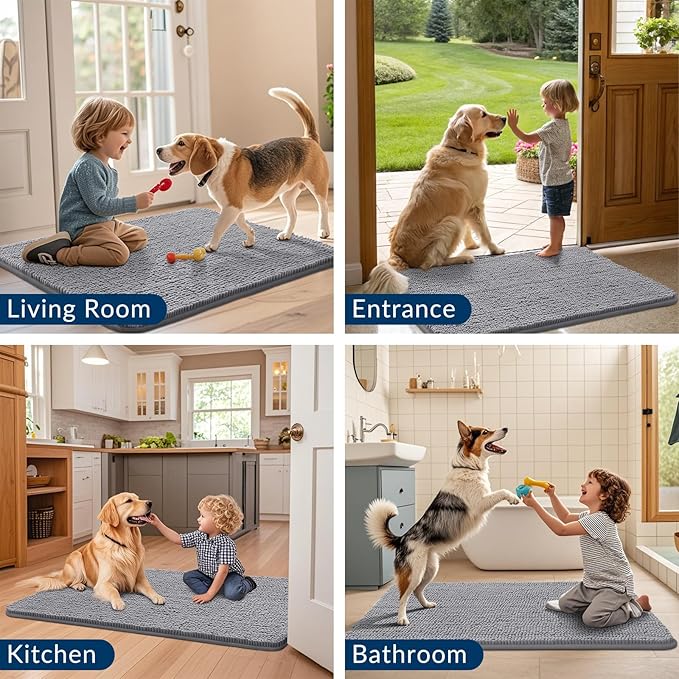 Smiry Dog Door Mat for Muddy Paws 47x20, Absorbs Moisture and Dirt Doormat, Non-Slip Washable Quick Dry Chenille Front Door Mat Indoor Entrance, Entryway Carpet for Inside Floor, Grey