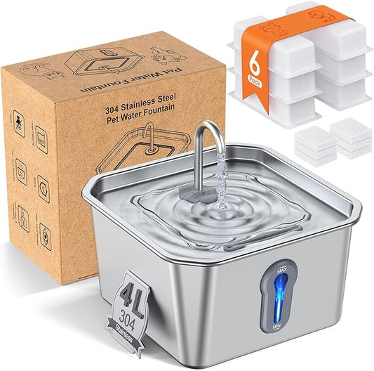 Stainless Steel Cat Water Fountain, 4L/135oz Automatic Circulation pet Water Dispenser, Quiet cat Bowl Water Dispenser, Suitable for Cats, Dogs and Multiple Pets. (Pet Fountain+6 Filters+6 Sponges)