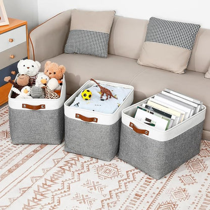 DULLEMELO Large Storage Baskets, Fabric Storage Basket with Leather Handles for Shelves Closet Nursery Toy Storage, Collapsible Fabric Baskets for Toy Book Magazine Towel Organizers(White&Gray)