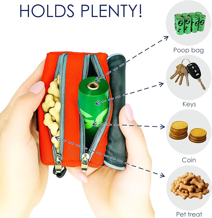 Dog Poop Bag Holder for Leash, 2 Waterproof Zipper Pouches, Dog Treat Pouch for Pet Walking Accessories, with Dispenser, Training Clicker and 1 Free Roll (Orange)
