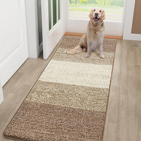 Smiry Dog Door Mat for Muddy Paws, Absorbs Moisture and Dirt, Low-Profile Entryway Mat with Non-Slip Backing, Entry Indoor Outdoor Doormat for Inside Floor (48x32 Inches, Khaki, Striped)