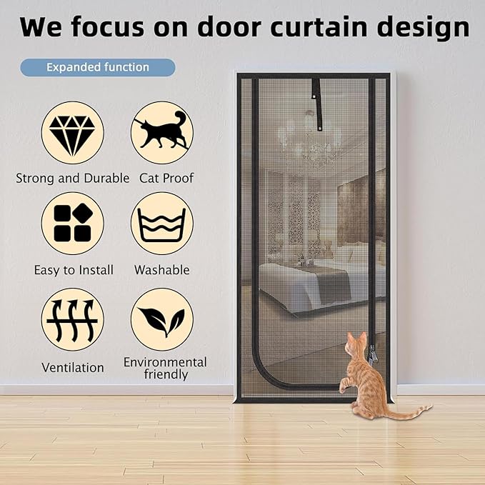 Reinforced Cat Screen Door,Fits Door Opening Size 38''x 82',Thickened Cat Resistant Mesh Screen Door for Living Room,Kitchen,Bedroom,Cat Proof Screen with Zipper Closure.
