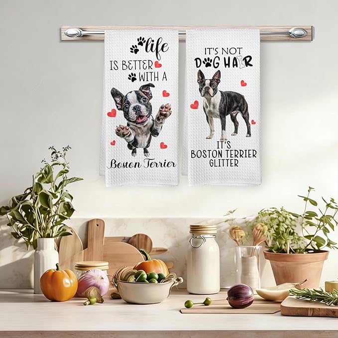 Boston Terrier Gifts Kitchen Towels Set of 2, Funny Dog Hand Towels for Bathroom Kitchen Decor, Boston Terrier Gifts for Women Dog Owners, Gift forDog Lovers Dishcloths Dish Towel 16X24 Inches