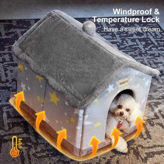 JIUPETY Cute Indoor Dog Houses, Dog Bed with Cover Cave, M Size for 7-14 Lb Dogs and 9-17 Lb Cats, Igloo Pet House with Non-Slip Bottom, Grey