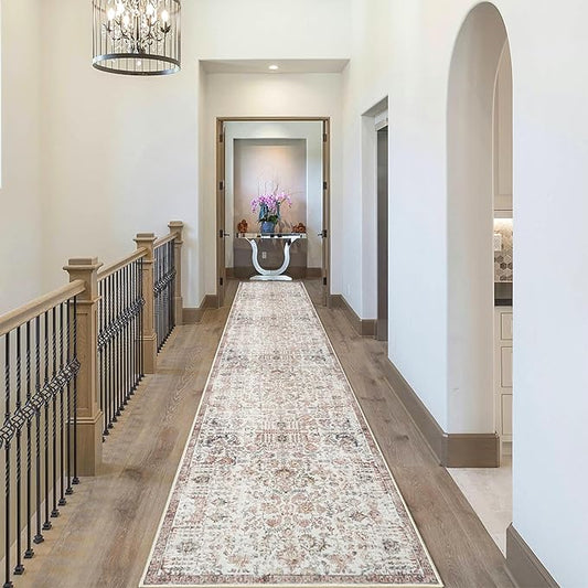 Hallway Washable Runner Rug - 2'6x12 Kitchen Rugs Entryway Rug Runner Non Slip Indoor Farmhouse Carpet for Living Room Bedroom Bathroom Vintage Floor Decoration Mat (2'6''x12', Dusty Rose)