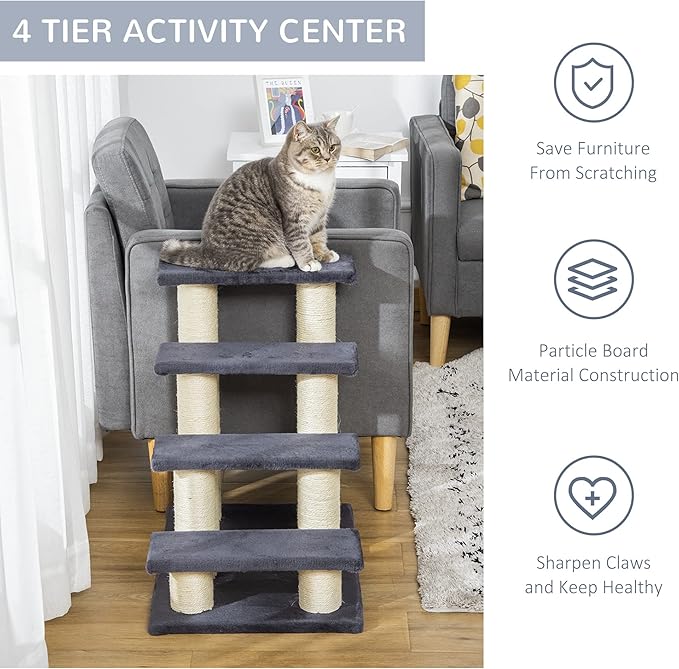 PawHut Cat Tree with 4 Steps for High Beds Couch, Cute Stair Shaped Cat Tree for Indoor Cats or Dogs w/Sisal Scratching Post, Climbing, Playing, Gray