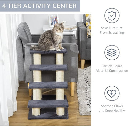PawHut Cat Tree with 4 Steps for High Beds Couch, Cute Stair Shaped Cat Tree for Indoor Cats or Dogs w/Sisal Scratching Post, Climbing, Playing, Gray