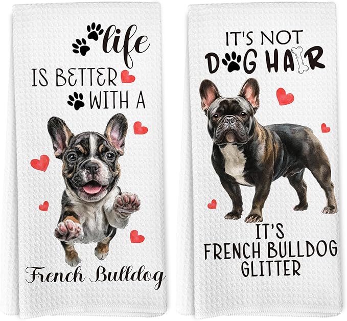 French Bulldog Gifts Kitchen Towels Set of 2, Funny Dog Hand Towels for Bathroom Decor, French Bulldog Gifts for Women DogLovers, Frenchie Dog Gift Dishcloths Dish Towel forKitchen 16X24 Inches