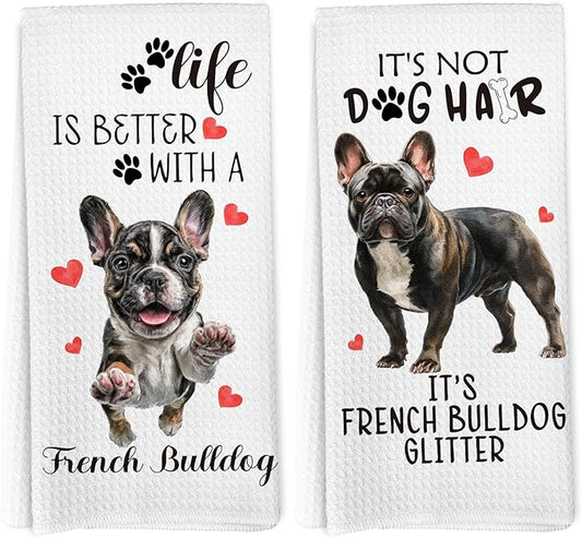 French Bulldog Gifts Kitchen Towels Set of 2, Funny Dog Hand Towels for Bathroom Decor, French Bulldog Gifts for Women DogLovers, Frenchie Dog Gift Dishcloths Dish Towel forKitchen 16X24 Inches