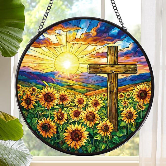 Stained Glass Window Hanging Cross, 8 Inch Sun Catcher Christian Cross and Sunflower Gift, Religious Easter Faith Christian Gifts for Wall Art Hanging Decorations