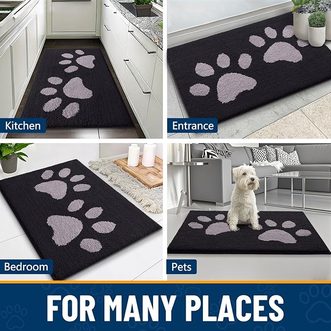 Smiry Dog Door Mat for Muddy Paws, Absorbs Moisture and Dirt, Low-Profile Entryway Mat with Non-Slip Backing, Entry Indoor Outdoor Doormat for Inside Floor (40x32 Inches, Black and Grey, Paw)