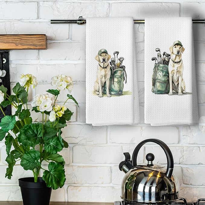 Golf Dog Kitchen Towels - Labrador Dish Towels, Sports Gifts, Pet Golf Club Decorative Absorbent Dishcloths Hand Towels Set of 2 for Spa Kitchen Gym Decor 16x24 Inches