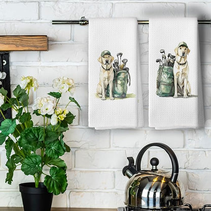 Golf Dog Kitchen Towels - Labrador Dish Towels, Sports Gifts, Pet Golf Club Decorative Absorbent Dishcloths Hand Towels Set of 2 for Spa Kitchen Gym Decor 16x24 Inches