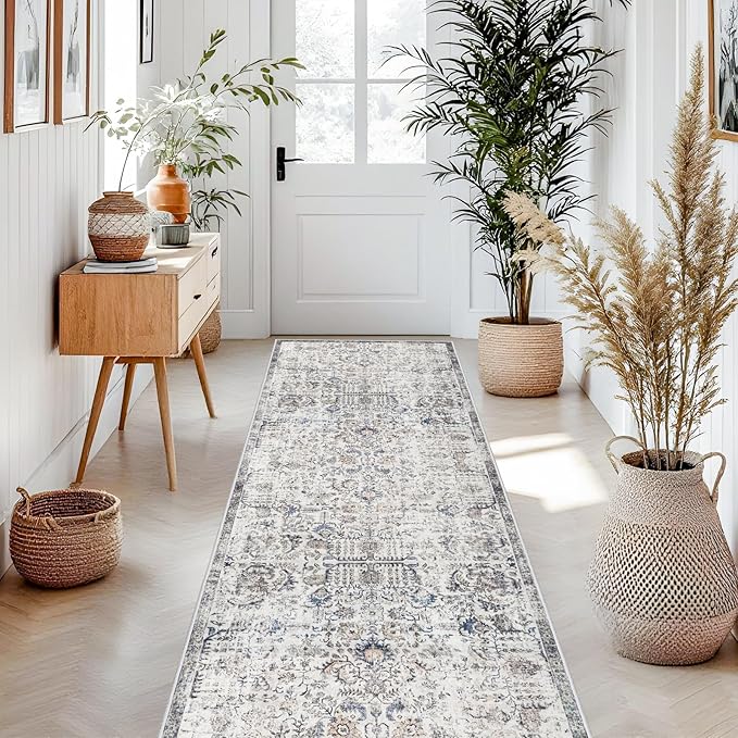 RUUGME 3x8 Runner Rug Washable - Hallway Runner Rugs Non Slip Stain Resistant Rug for Kitchen Living Room Bedroom Dining Room Vintage Distressed Carpet Low Pile Home Decor Floor Mat (3'x8', Brown)