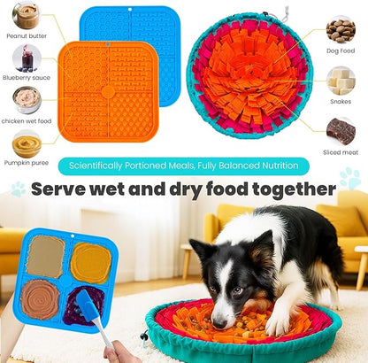 PETCARE Dog Snuffle Mat and Lick Mat Set, Interactive Enrichment Dog Puzzle Toy for Puppy Small Medium Large Dogs Cats, Adjustable Slow Feeder Bowl Sniff Foraging Mats Mental Stimulation Treat Game