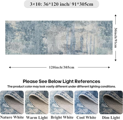 3x10 Extra Long Runner Rug Non-Slip Washable - Abstract Modern Indoor Hallway Carpet for Long Entryways, Kitchen, Bedroom - Soft Thin Low Pile Floor Runners for High Traffic Areas 3x10 Blue