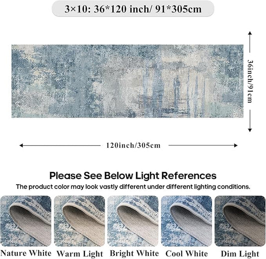 3x10 Extra Long Runner Rug Non-Slip Washable - Abstract Modern Indoor Hallway Carpet for Long Entryways, Kitchen, Bedroom - Soft Thin Low Pile Floor Runners for High Traffic Areas 3x10 Blue
