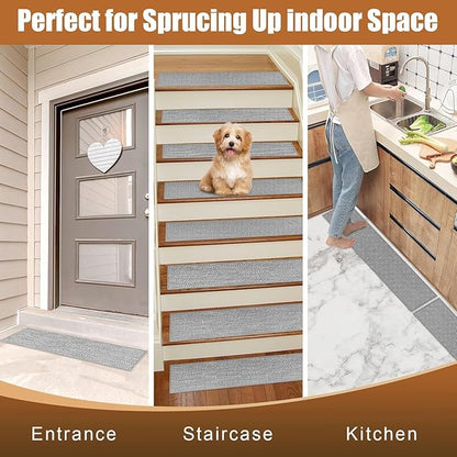 Natural Linen Stair Treads for Wooden Steps Indoor,8" X 30" (7 in Pack) Carpet Stair Treads for Wood Stairs, Machine Washable Stair Runners for Kids Elders and Pets,Ash Grey