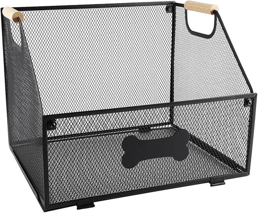 Metal Dog Toy Basket Collapsible,Mesh Wire Pet Toy Basket,Trapezoidal Cat Toy Bin with Wooden Handles,Dog Storage Organizer,Ideal for Pet Accessories-Easy Access