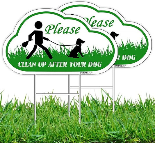 2-Pack Clean Up After Your Dog Signs, 13.8" x 8.3" with Metal Stake, No Dog Poop Lawn Signs with UV Protected & Waterproof, Double Sided Pick Up After Your Dog Sign for Yard