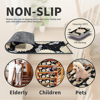 Non-Slip Carpet Stair Treads 15PCS, 8"x30" Peel and Stick Stair Runner for Wooden Steps Indoor, Washable Reusable Adhesive Backing, Pet-Friendly Safety Mats for Kids, Elders, Dogs