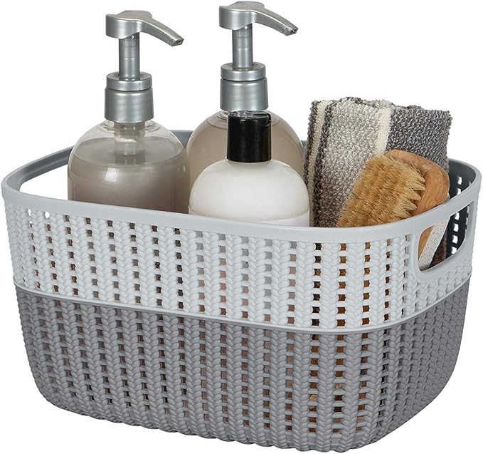 Simplify 2 Pack 2 Tone Sailor Knot Plastic Storage Tote | Decorative Basket | Closet Organization | De-clutter | Accessories | Toys | Bathroom Organization | Medium | Grey/Grey