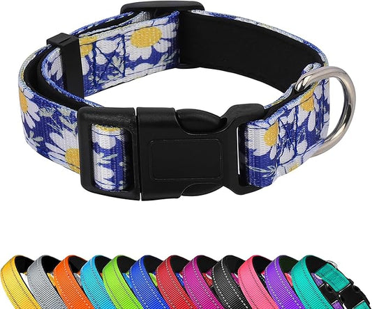 Reflective Dog Collar, Adjustable Soft Neoprene Padded Nylon Pet Collars with Buckle for Puppy and Small Dogs, Cats, Small Daisies Blue,M